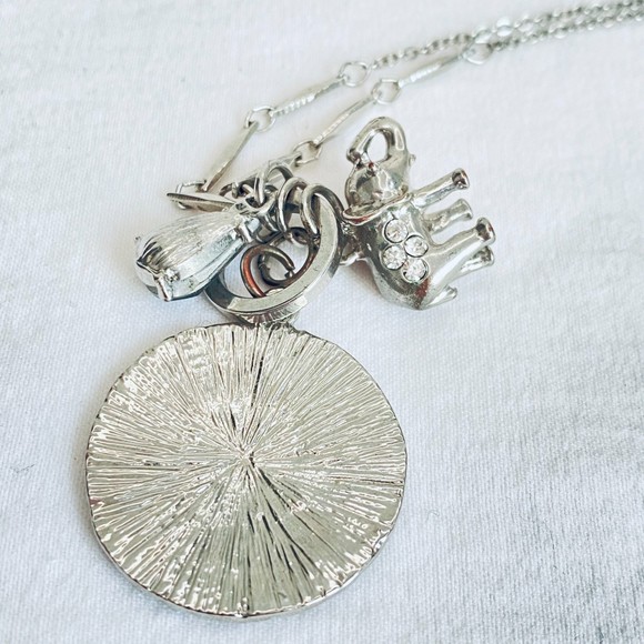 Skinny Charm Necklace Silver Tone Matinee Chain Rolo Long & Short Links - Picture 6 of 7